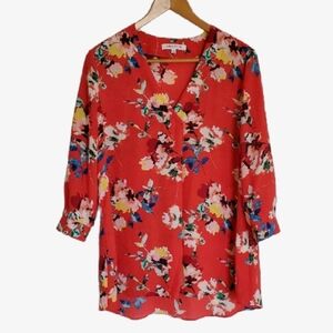 Rose + Olive v neck Top orange Bright Vibrant Floral Blouse